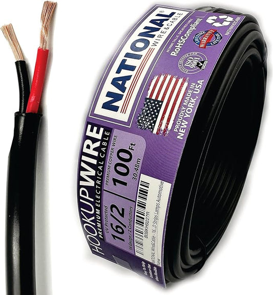 NATIONAL Wire & Cable – 16 AWG 2-Conductor Premium Copper Wire, 100 ft, Stranded | Made in USA, Heavy-Duty Flexible Jacket | LED, Lights, DIY Projects, Low Voltage Wiring, Indoor and Outdoor Use