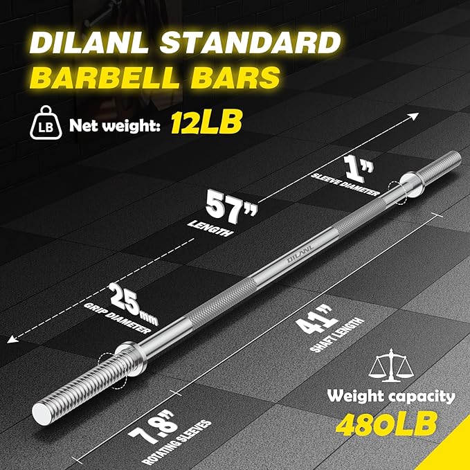 Weight Lifting Bar 57", 1" Standard Straight Barbell Bars Olympic for Home Gym Weight lifting/Strength Training/Squat/Bench Press/Deadlift/Lunges/Hip Thrusts, 2 Star Collars (480lb Weight Capacity)