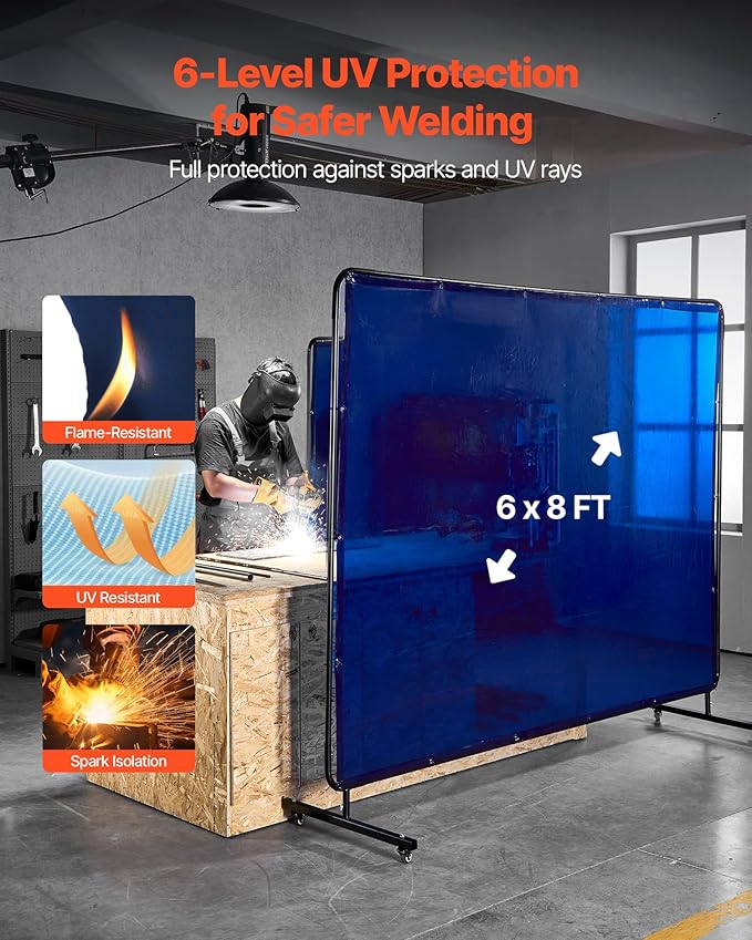 VEVOR Welding Screen with Frame, 6 x 8 FT Welding Curtain Screen, Flame-Resistant Vinyl Safety Protection Screens with Lockable Swivel Wheels & 6-Level UV Protection for Workshop/Industrial Use, Blue