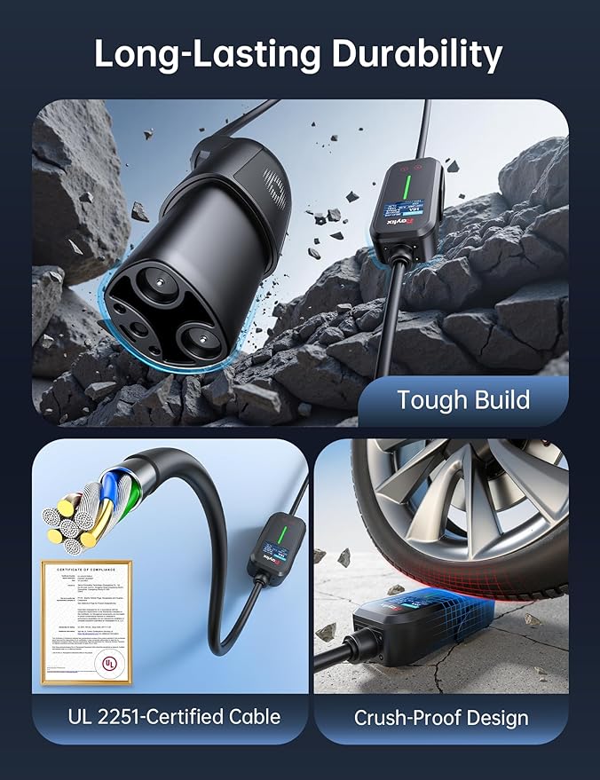 12A-16A Level 1&2 Charger for Tesla Adjustable Current, Delay Charge & Smart Display NACS Mobile/Home Charger, 21ft Mobile Connector Cable for Model X/Y/3/S/Cybertruck, NEMA 6-20/5-15 Plug, 110-240V