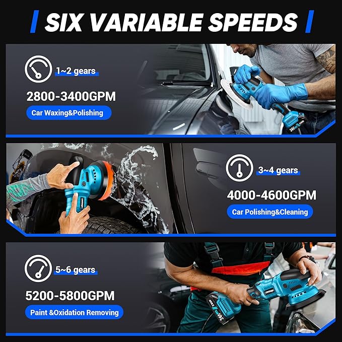LDHTHOPI Cordless Buffer Polisher with 2×2000mAh Battery, 10000RPM 1600W High Power Car Polishing Kit with 6 Variable Speed, 23PCS Polishing Accessories for Car Polishing Waxing Detailing