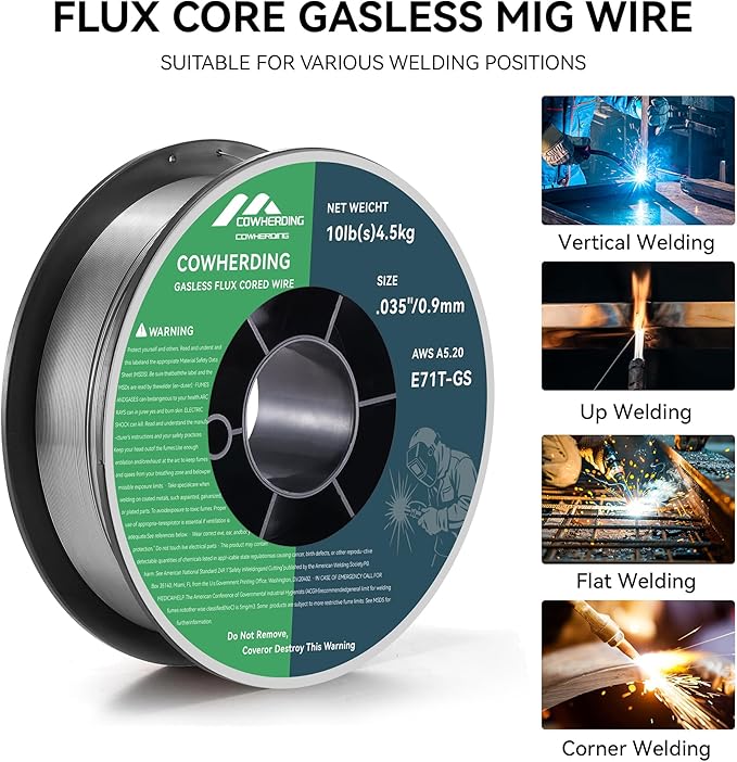 Mig Welding Wire, Flux Core Wire .035" E71T-GS 10-Pound Gas Solid Carbon Steel Low Splatter Mig Welding Wire Solid Wire for Mild Stee, High Feedability Strong ABS Plastic Spool Welding Wire