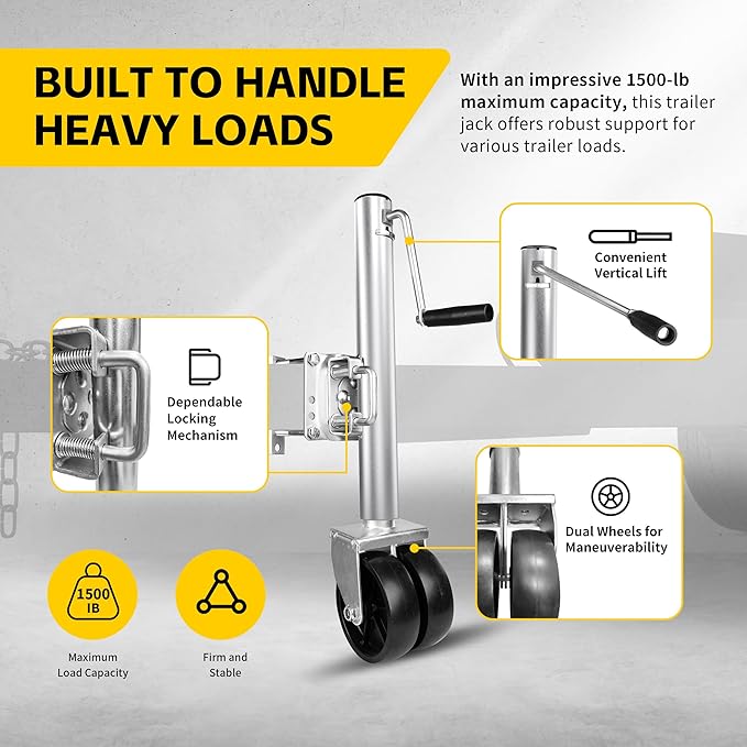 MaxxHaul 70149 Trailer Jack with 11-1/2" Lift, Swing-Back Design, Side Wind Handle & Dual 6" Wheels – 1500 lbs Capacity, Bolt-On for Utility & Boat Trailers