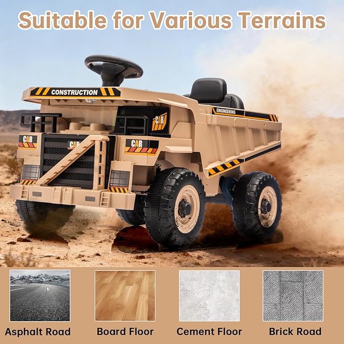 12V Ride On Construction Truck, Battery Powered Ride On Car with Remote Control, Kids Electric Vehicle with Shovel, Speaker, Khaki