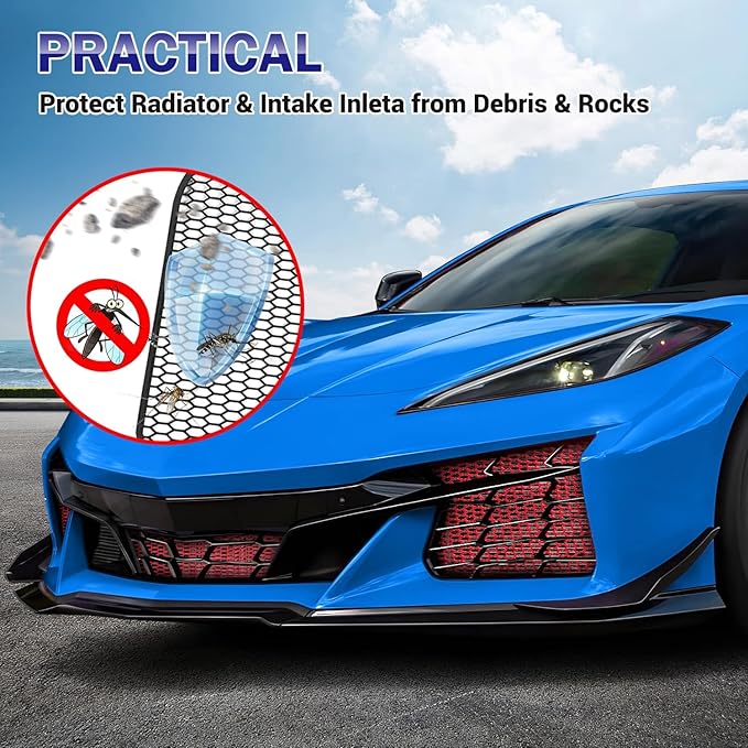 3Pcs Red Upgraded Front Radiator Guards Grille,Aluminum Body Bumper OEM Style Front Outer Grill Guard Protection Screens Grille Vents Insert Mesh Set for Corvette C8 Z06 2023+/E-Ray 2024+