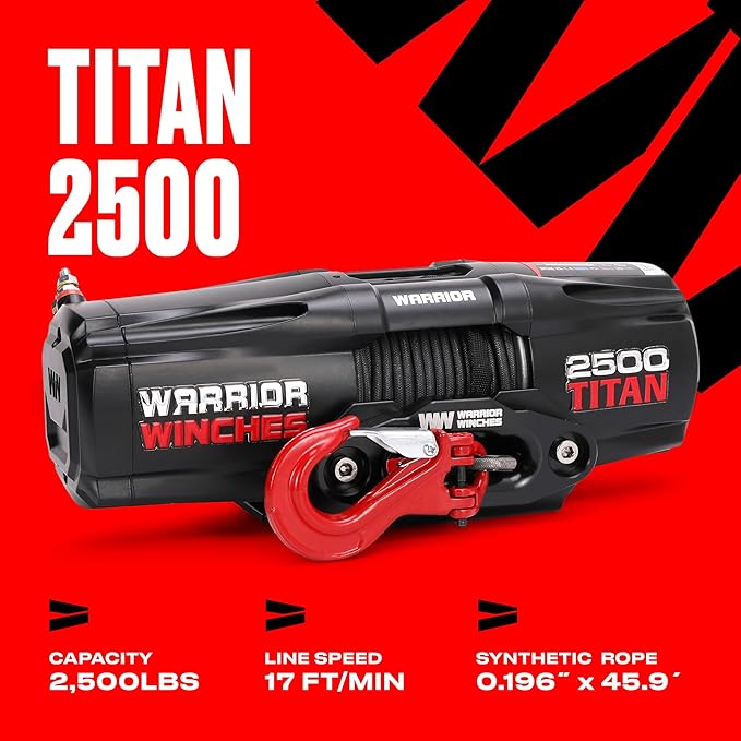 Warrior Winches - Titan 2,500lb Synthetic Rope Electric Winch – 12V, 3.4HP Motor, 166:1 Planetary Gear, Wired/Wireless Remote, Manual Clutch, Spring Brake, ATV/UTV Winch
