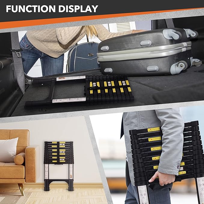 15.5FT Telescoping Ladder, Aluminum Extension Ladder w/Triangle Stabilizers and Non-Slip Feet, 330lbs Capacity Retractable Ladder for Home and Outdoor, Compact and Lightweight Black