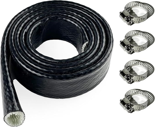 1" ID Heat Shielded Fire Sleeve Thermo Armor Silicone Coated Fiberglass Heat Protection w/ 4 Clamps for Automotive Hose Lines & Electrical Wiring - Black 5FT