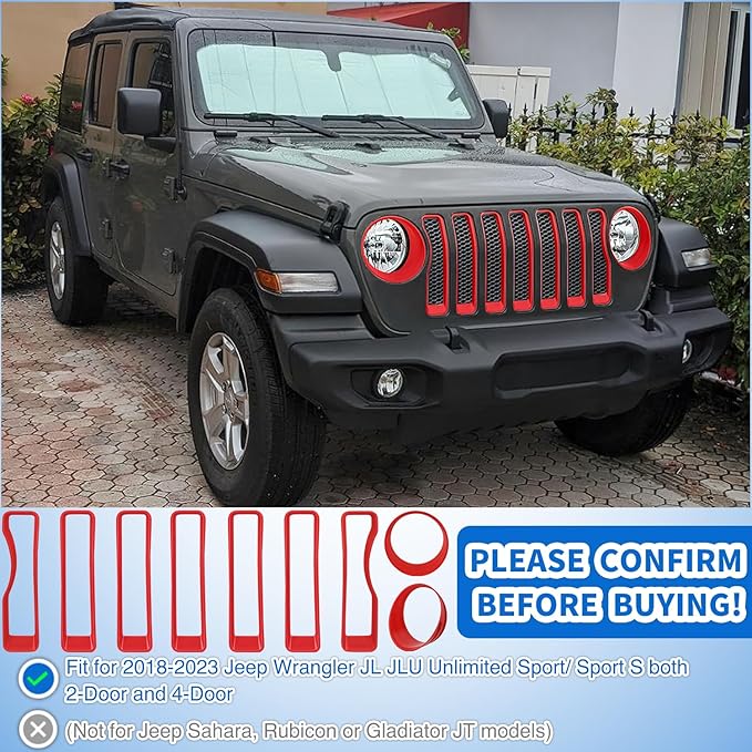 Nilight Grill Inserts fit for Jeep Wrangler Front Grille Inserts Headlight Cover Set for JL JLU Unlimited Sport SportS 2018 2019 2020 2021 2022 2023 Grille Bezels Trim Exterior Accessories Red 9 Pcs