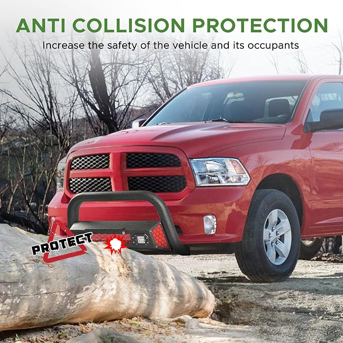 Bull Bar Fit for Dodge Ram 1500 2009-2018 & Ram 1500 Classic 2019-2025((Exl Rebel Warlock Sport) with LED Light,w/License Plate Bracket DIY Paintable Front Bumper Brush Push Bar Grille Guard