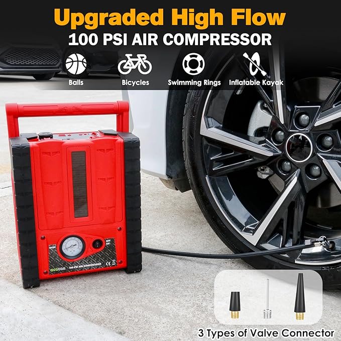 2000A 12V Solar Car Battery Jump Starter-20000 mAh Portable Power Station with 100 PSI Faster Air Compressor, 400W Inverter AC/DC/USB Ports and LED Lights, for Up to 10L Gas and 8.5L Diesel Engine