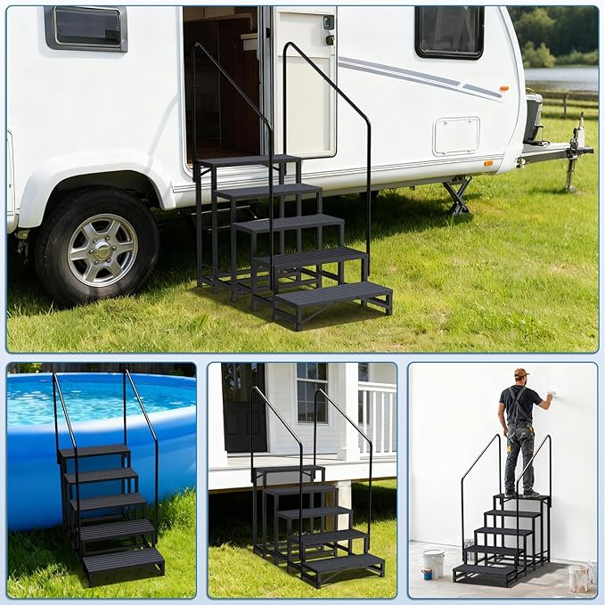 RV Steps with Handrail, 5 Steps RV Stair, Mobile Home Stairs for Camper, Trailer, hot tub, Steps with Non-Slip mat, 660lbs Capacity