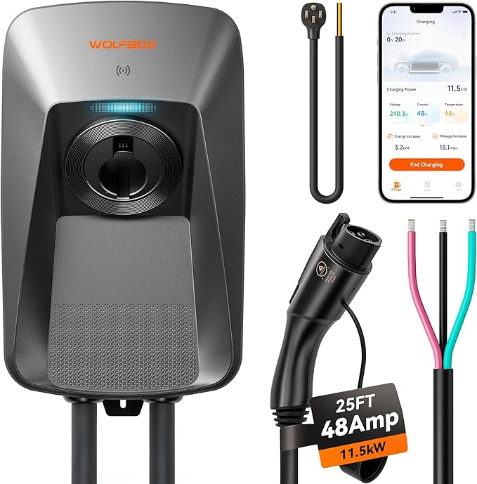 WOLFBOX Level 2 EV Charger 48 Amp J1772,Hardwired EV Charger Level 2 with NEMA 14-50 Plug 25ft Cable,Smart APP&RFID Card Control,240V Electric Vehicle Charging Station (WE48)