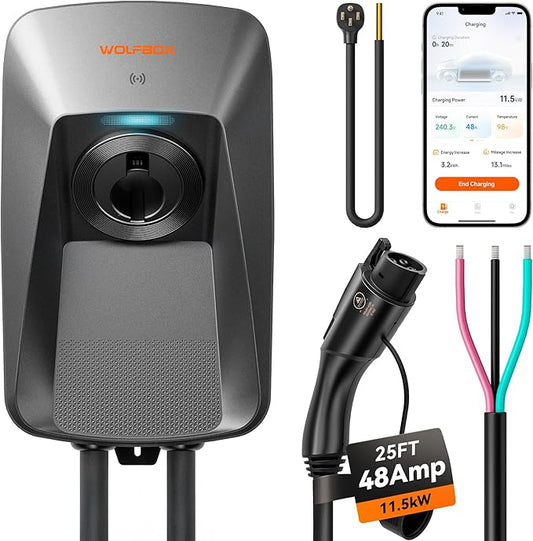 WOLFBOX Level 2 EV Charger 48 Amp J1772,Hardwired EV Charger Level 2 with NEMA 14-50 Plug 25ft Cable,Smart APP&RFID Card Control,240V Electric Vehicle Charging Station (WE48)