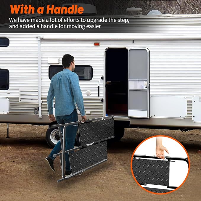 RV Step with Handrail, Foldable 2 Steps with Handle RV Stairs Home Ladder Foldable Stairs for 5th Wheel RV, Hot Tub, Outdoor Spa Pool
