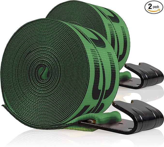 US Cargo Control Winch Straps 4" x 30' (2-Pack), 5,400 LBS Working Load Limit, Heavy Duty Flatbed Tie Downs with Flat Hooks, Green 4 Inch Straps for Flatbed Trailer, Truck, and Cargo Securement