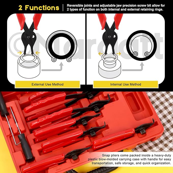 225Pcs Snap Ring Pliers Set Includes Straight & Bent Retaining Ring Pliers, 5 Sizes C-Clips External Internal Retaining Ring Set, Rubber Gaskets and Precision Hook Set for Lawnmowers