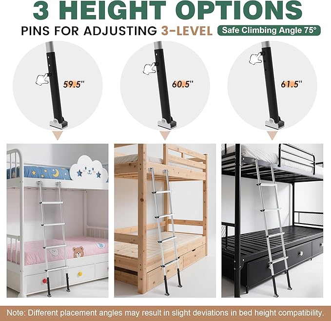 Pre-Assembled RV Bunk Ladder,3 Height Options (59.5"/60.5"/61.5"), Heavy Duty Bunk Bed Ladder with 4 Wider Anti-Slip Steps & Flexible Hooks,for 57.5"-59.4" Bed,Fits RV,Camper,Dorms & Kids Rooms
