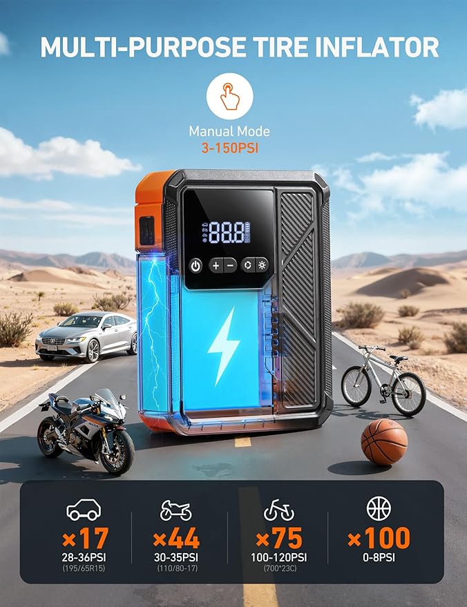 AstroAI Beta822 3000A Jump Starter with Air Compressor, 150PSI Portable Tire Inflator with Auto-Shutoff, 12V Car Battery Booster (9.0 Gas/7.0L Diesel) with LED Light and Jumper Cables