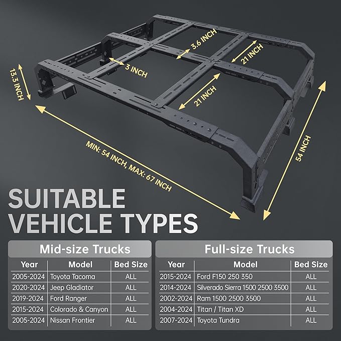 No Drill Steel Truck Bed Rack 13 Inch Overland Cargo Carrier Compatible with Fullsize & Midsize Pickup Trucks