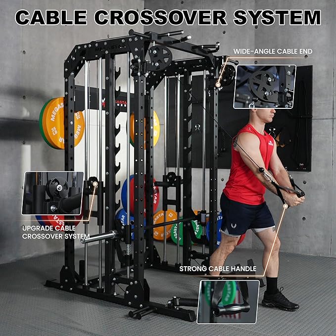 Smith Machine for Home Gym - 2000lbs Capacity All-in-One Power Rack with Cable Crossover, Pull-Up Bar & Dip Station, Includes 18 Attachments, P107 Anvil