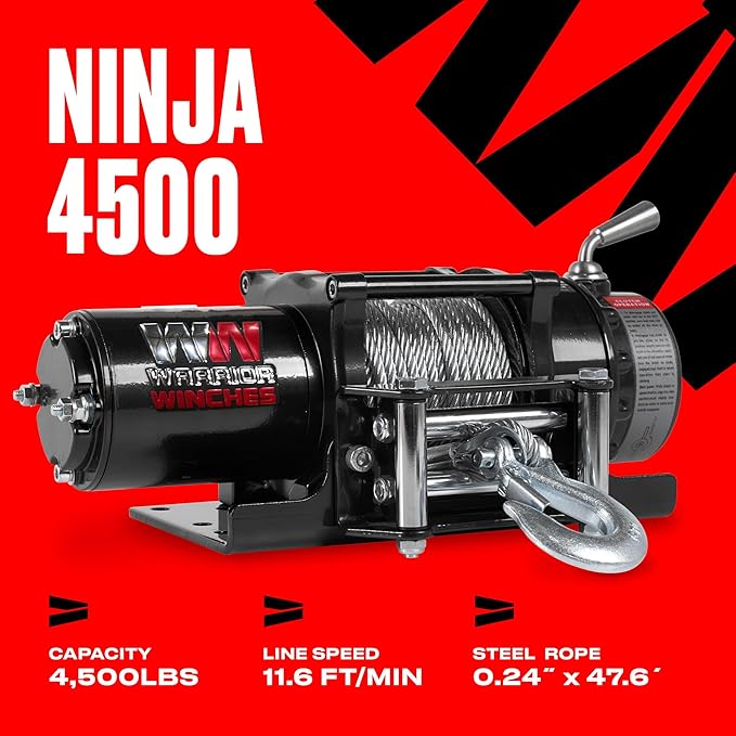Warrior Winches Ninja 4500 lbs - Premium 12V Electric ATV/UTV Winch with Steel Cable, Compact and Powerful 12 Volt ATV Winch - Comes with Wireless Remote - Perfect for ATV, UTV, Boat, Trailer