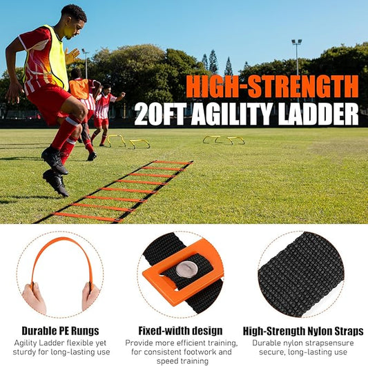 Agility Speed Training Equipment Set - 20ft Speed Ladder, 12 Cones, 4 Adjustable Hurdles, Jump Rope, Parachute | Ideal for Basketball, Football, Soccer, for Kids, Youth, Adults