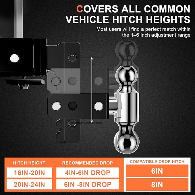 Adjustable Trailer Hitch, Fits 2-Inch Receiver, 6-Inch Drop/Rise for Trucks (12500 LBS GTW), Heavy Duty Aluminum Tow Hitches with 4 Silencer Pads & 2 Locking Hitch Pin, Black