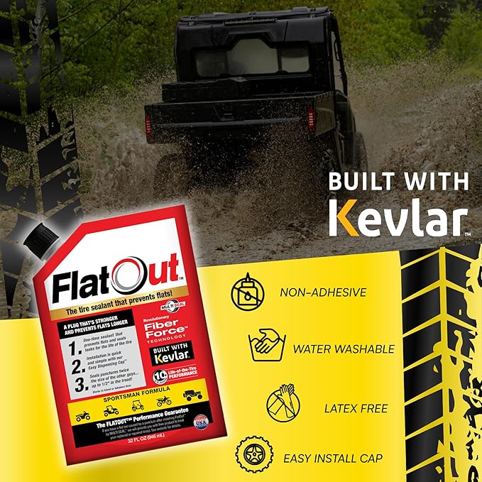 FlatOut Sportsman Formula Tire Sealant - Prevents Flat Tires - Fix a Flat Tire - Seals Leaks - Contains Kevlar - Tubeless Tire Sealant - 32 Ounce Bag - Pack of 2