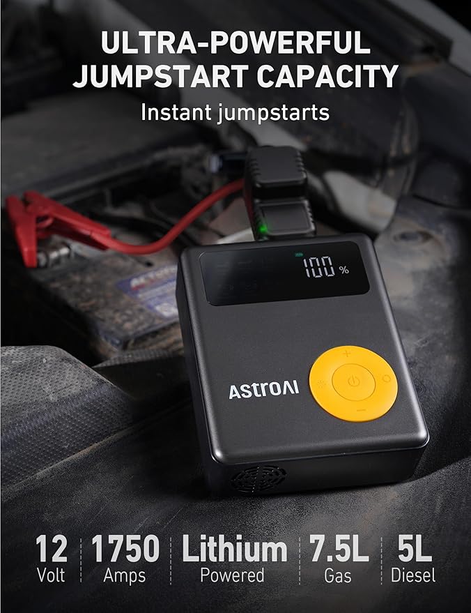 AstroAI Portable Car Jump Starter with Air Compressor, 150PSI 1750A Car Jumper Starter Battery Pack with Cordless Tire Inflator (7.5 Gas/5.0L Diesel), 12V Jump Box, Large LCD Display, Lights