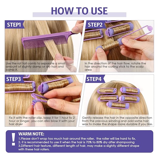 Syhood 43 Pcs Foam Sponge Hair Rollers Women 0.59 Inch Soft Sleeping Curlers Flexible Sponge Curler Tool and Rat Tail Comb for Hair Styling Hairdressing Overnight Curl and Volume(Purple)