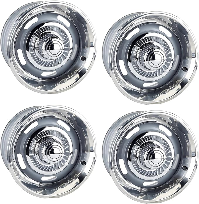 Speedway Motors GM Style Rally Wheel Kit with 15x7 and 15x8 Silver Painted Steel Wheels, 5 on 4.75” BP, Includes Beauty Rings, Derby Center Caps, Lug Nuts, and Valve Stems Set of 4