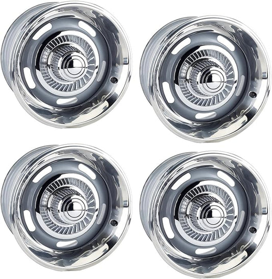 Speedway Motors GM Style Rally Wheel Kit with 15x7 and 15x8 Silver Painted Steel Wheels, 5 on 4.75” BP, Includes Beauty Rings, Derby Center Caps, Lug Nuts, and Valve Stems Set of 4