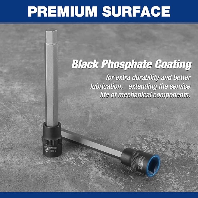 WORKPRO 19-piece 3/8 Inch Drive Extra Long Hex Bit Socket Set, Torx Bit Socket Set, Premium S2 Steel Long Allen Star Bits and CR-V Sockets Set with Storage Case