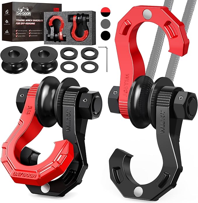 DAYDOOR D Ring Shackles with Snatch Block, 45,000Lbs Break Strength Towing Winch Shackle, 3/4" Heavy Duty Shackles with 7/8" Screw Pin for Off Road Vehicle Recovery (2 Pack,Red)