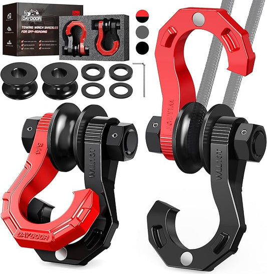 DAYDOOR D Ring Shackles with Snatch Block, 45,000Lbs Break Strength Towing Winch Shackle, 3/4" Heavy Duty Shackles with 7/8" Screw Pin for Off Road Vehicle Recovery (2 Pack,Red)