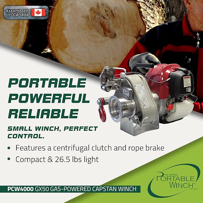 Portable Winch PCW4000-A Gas-Powered Capstan Winch with Accessories - 2,200 lbs Pulling Capacity Winch, Honda GX-50 Engine Portable Gas Winch for Hunting, Logging, and Towing