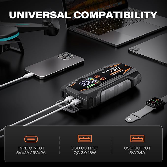 A2C Car Jump Starter, 12V Lithium Battery Booster Box, 16800mAh Portable Power Bank Pack Charger, for 6L Gas or 3L Diesel Truck, RV, Pickup