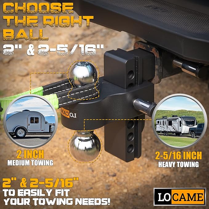 LOCAME Adjustable Trailer Hitch, Fits 2.5-Inch Receiver Only, 6-Inch Drop/Rise Aluminum Drop Hitch,18,500 LBS GTW-Tow Hitch for Heavy Duty Truck with Double Stainless Steel Locks, Black, LC0025