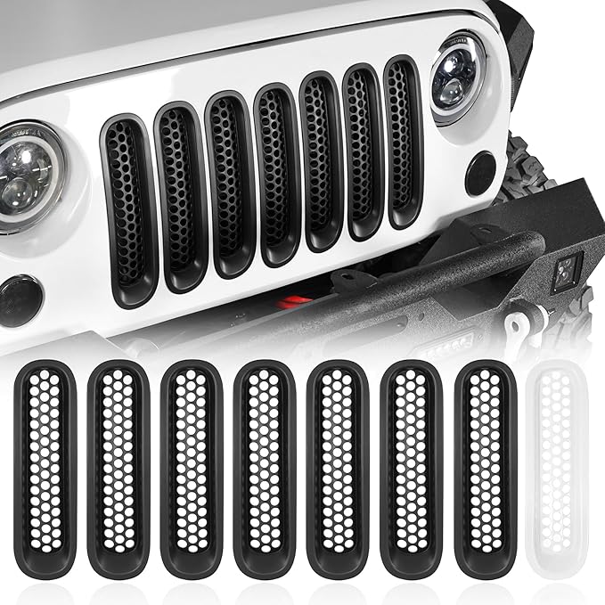 Hooke Road Matte Black Grill Inserts Front Mesh Grille Cover for 2007-2015 Jeep JK Wrangler & Unlimited Wrangler Accessories (7PCS Black + 1PCS White)