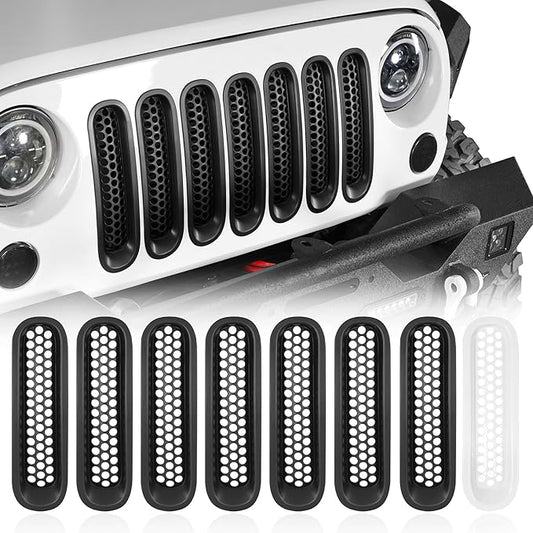 Hooke Road Matte Black Grill Inserts Front Mesh Grille Cover for 2007-2015 Jeep JK Wrangler & Unlimited Wrangler Accessories (7PCS Black + 1PCS White)