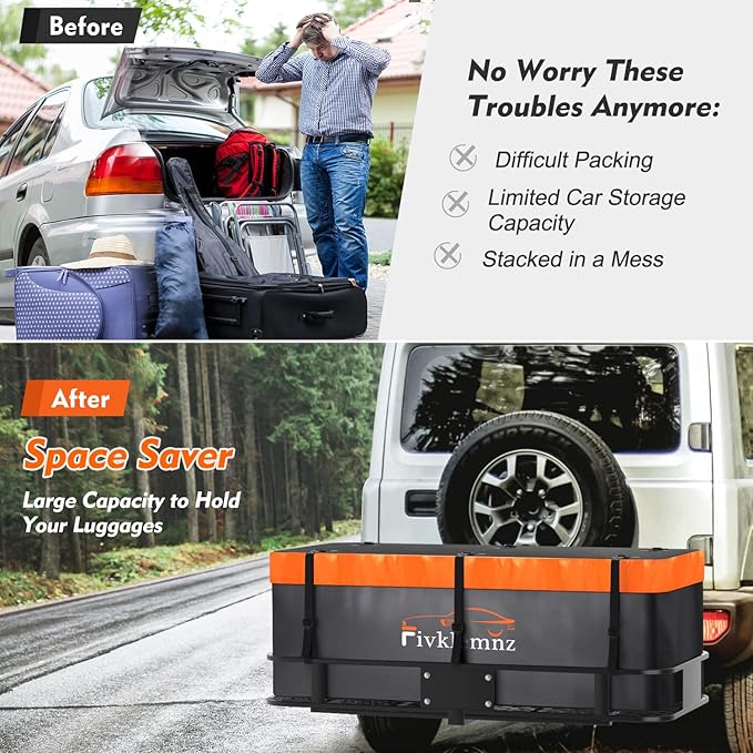 Hitch Mount Cargo Carrier Bag, 20 Cubic Feet 100% Waterproof Car Tray Luggage Bag (59" 24" 24") with 6 Reinforced Straps + 1 Combination Lock, Fits for All Vehicles with Steel Trailer Basket