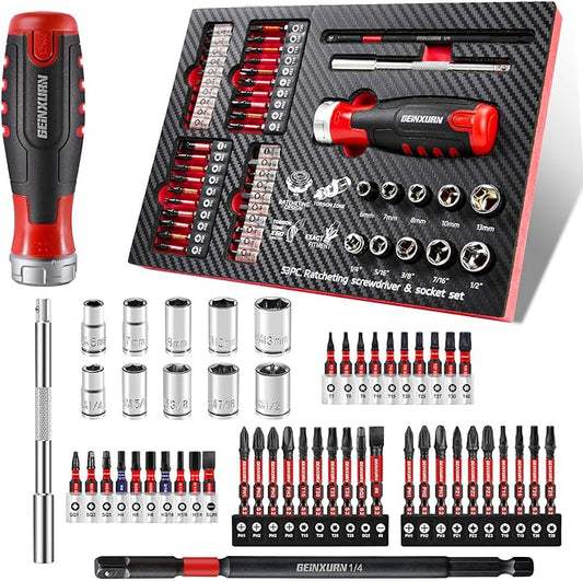 53Pieces Ratcheting Screwdriver Set, 12-in-1 1/4" Hex Shaft Magnetic Screwdriver Quick-Load Screwdriver Bits/Sockets and Adapter Multi-bit Screw Driver Repair Tool