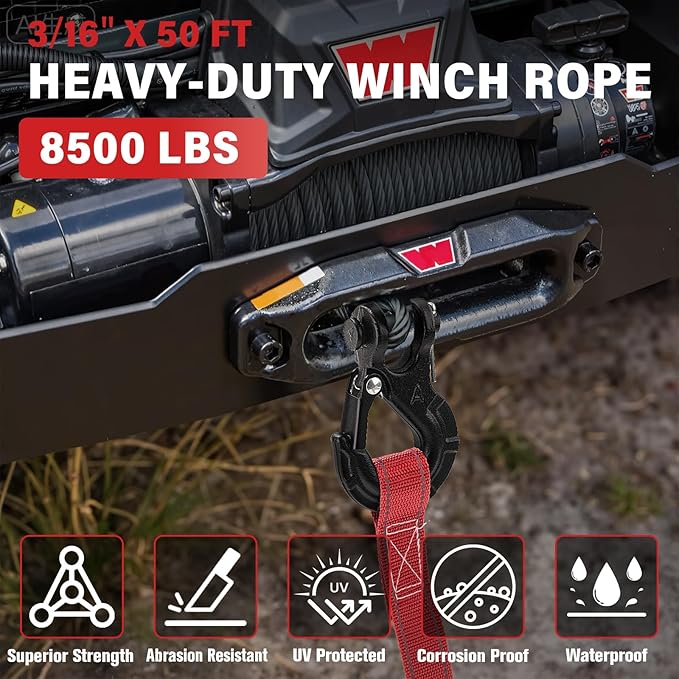Synthetic Winch Rope Kit - 3/16" x 50' 8500 lbs Synthetic Winch Cable for ATV UTV Off-Road Vehicles with Forged Hook, Rubber Stopper, Protective Sleeve and Safety Pull Strap - Grey