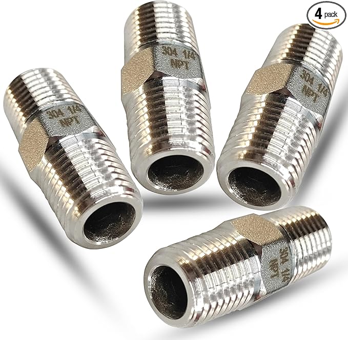 1/4" NPT Male Hex Nipple Pipe Fittings, 304 Stainless Steel 1/4 inch Threaded Pipe Adapter Fittings Equal Nipples Connectors, 4pcs Male Straight Connector Pipe Fitting