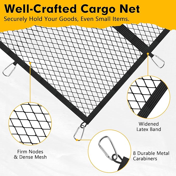 Cargo Net for Pickup Truck Bed 4'×4' Stretches to 7'×7', Highly Elastic Truck Bed Net with Fine Mesh & 8 Strong Metal Carabiners, Easy to Install Cargo Netting for Vehicles, Trailers, Boats
