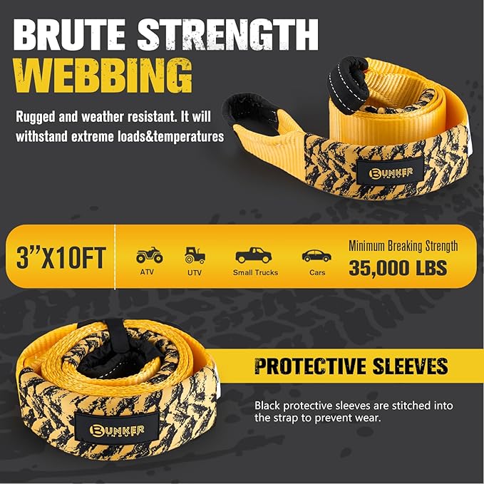 BUNKER INDUST Heavy Duty Tow Strap, 3" x 10ft Tree Saver Winch Strap 35,000 lbs Recovery Straps - Emergency Vehicle Off Road Towing Rope (Bag Not Include)