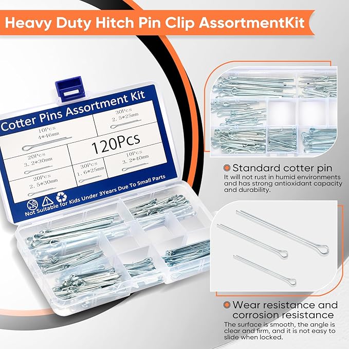 120Pcs Cotter Pins, 6 Sizes Hardware Cotter Pins Clip Assortment Kit - 304 Stainless Steel R Hairpin Cotter Fastener Clip Suitable for Truck and Engine Maintenance, Hanging Needle Lock System