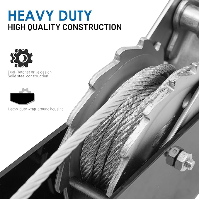 POLESTAR Come Along Winch, 1500 lbs Pull Capacity, 15 ft Steel Cable Hand Winch with 2 Hooks, Heavy Duty Dual Ratchet Cable Winch Puller, Automotive Towing Hoist Puller for Recovery, Moving, Securing