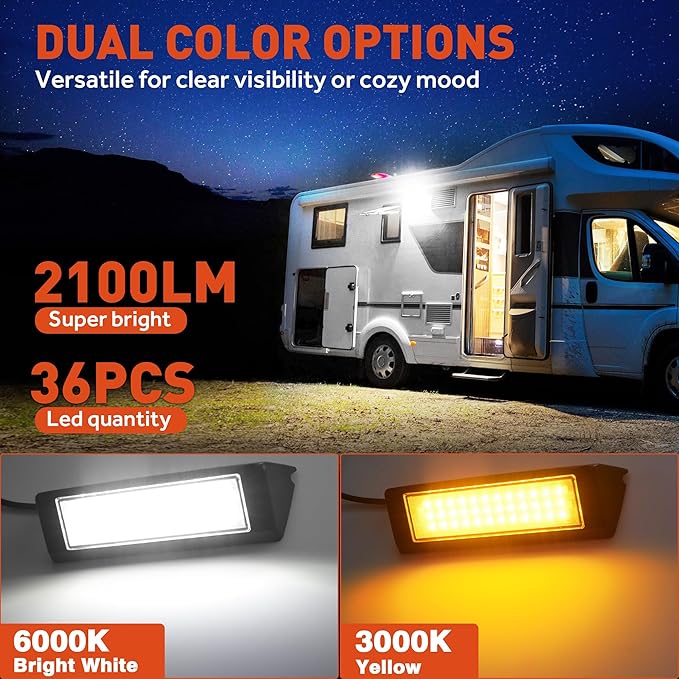 LED RV Exterior Porch Utility Light Waterproof 10-30V DC Low Current 9" Lighting Fixture 54W 2000LM Aluminum Base led Scene Lighting for RV, Trailer, Camper(6000K Nature Yellow White)